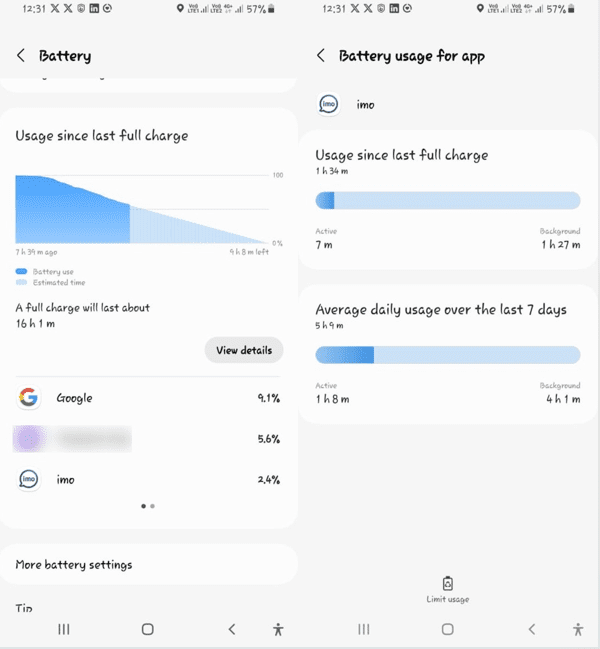 battery usage of apps