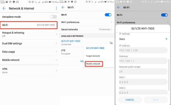 WiFi değiştir - IP adresi Android