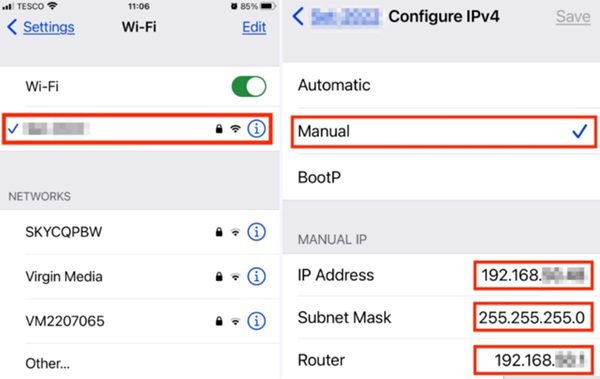 เปลี่ยน WiFi - ที่อยู่ IP iOS