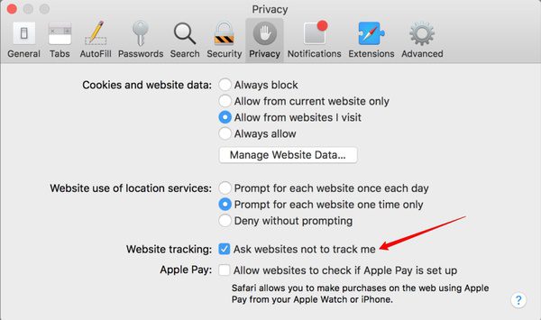 desativar o rastreamento entre sites no safari