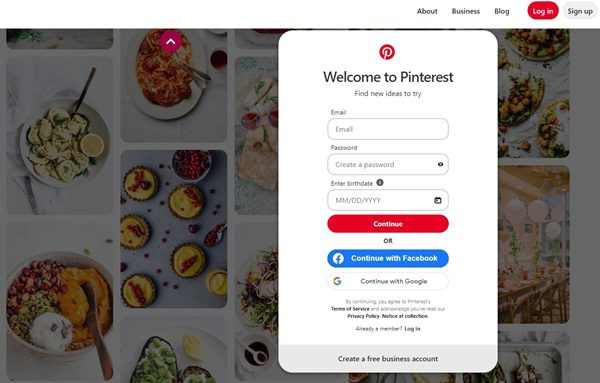 log in Pinterest account on the web page
