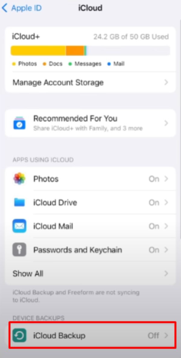 Πατήστε iCloud Backup