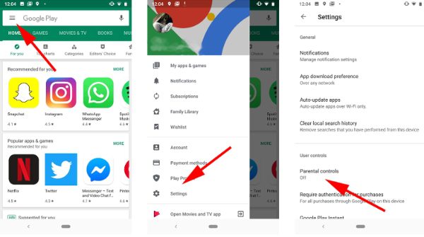 desactivar los controles parentales en Google Play Store