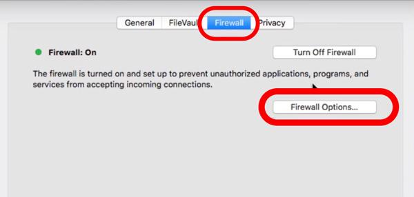 Menu Firewall nelle impostazioni del Macbook