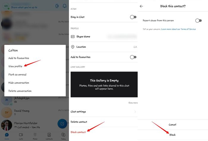 Skype アプリで連絡先をブロックする