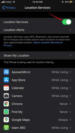 switch on Location Services