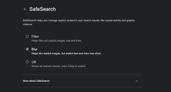 the Google SafeSearch page