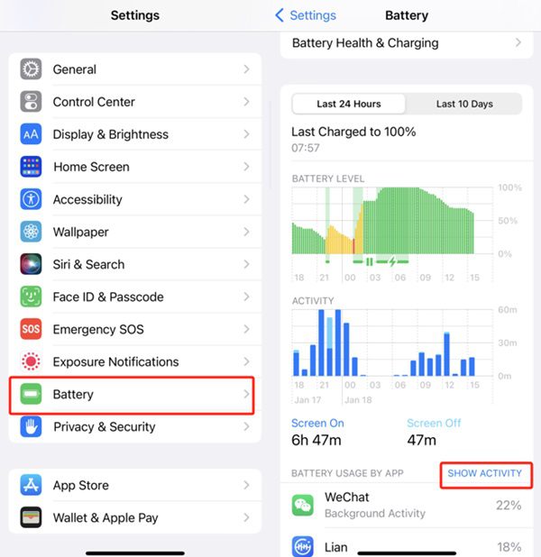 Tieni traccia dell&#39;utilizzo della batteria dell&#39;app su iPhone