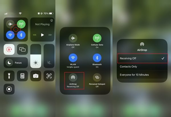 제어 센터에서 AirDrop 끄기