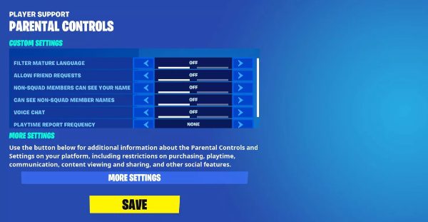 Controles parentais Fortnite