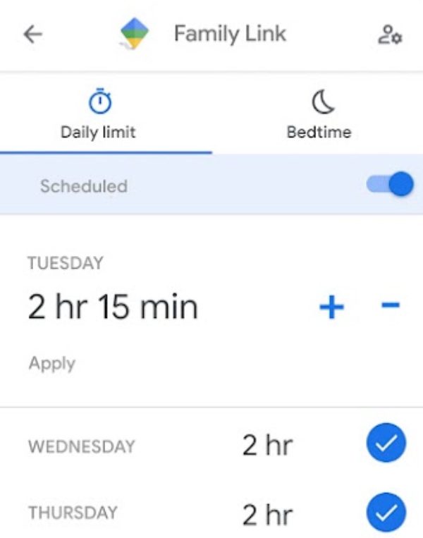limit the screen time in Google Family Link