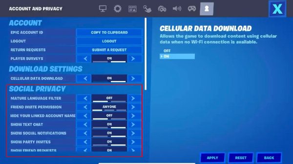 ajustes de cuenta y privacidad en Fortnite para restringir algo malo en Fortnite para niños.