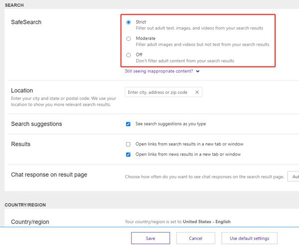 Bing SafeSearch postavke