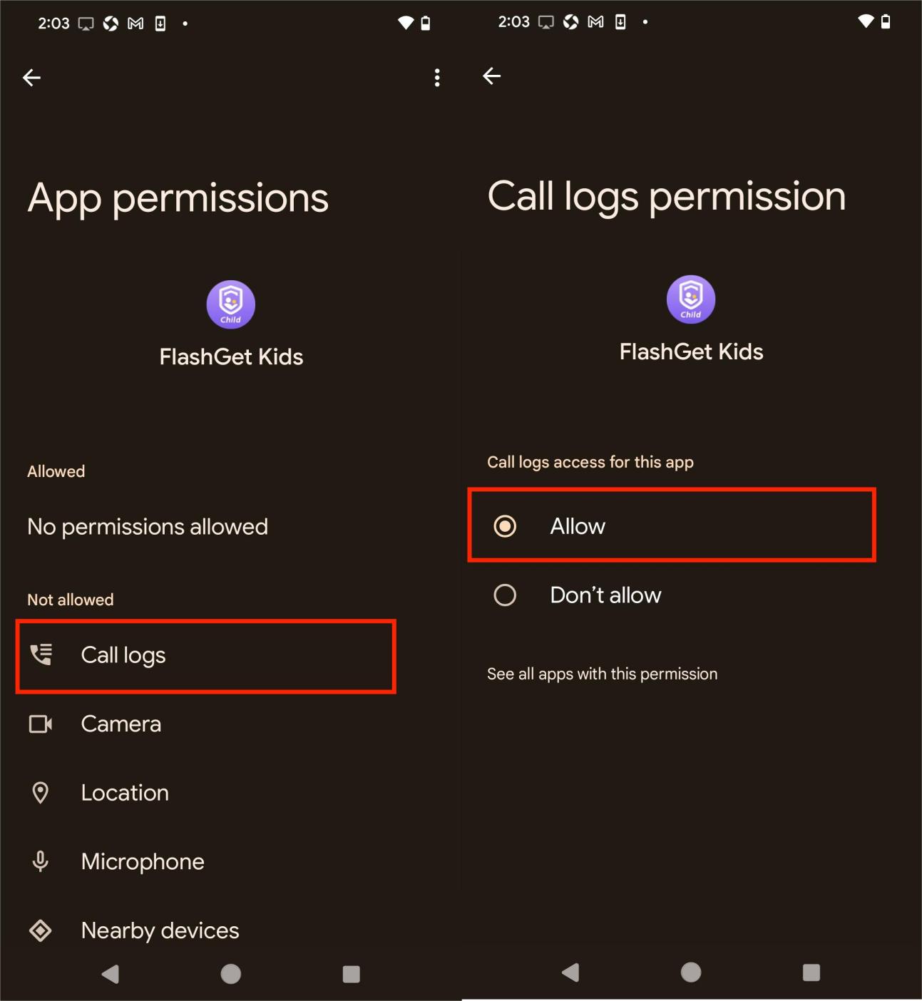 Turn on Call Logs permission