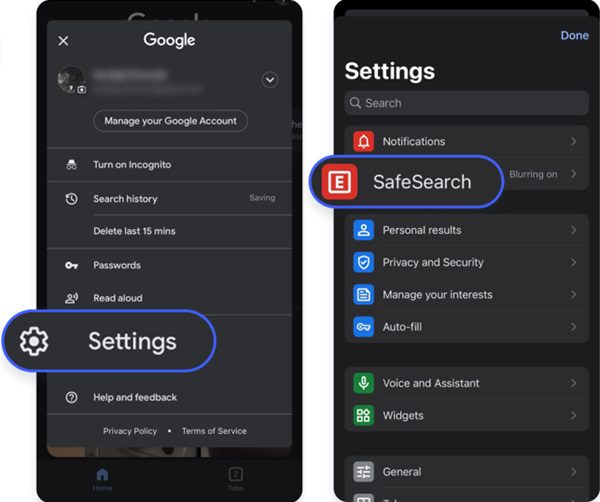 SafeSearch on iPhone Google Search app