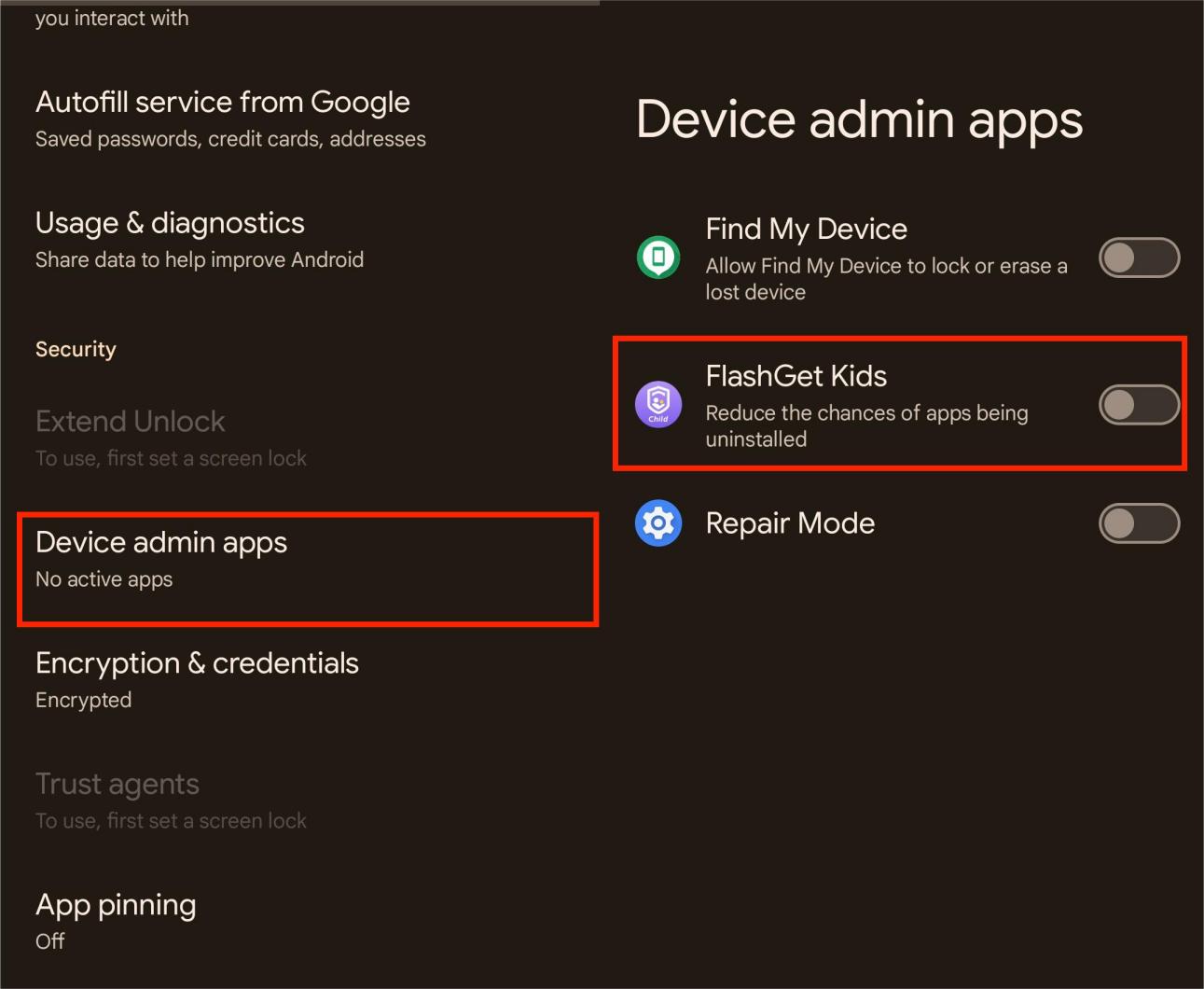 Tap Device admin apps