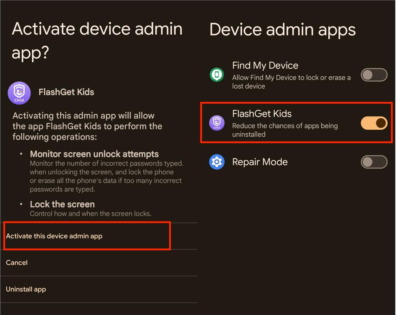 Activate device admin app