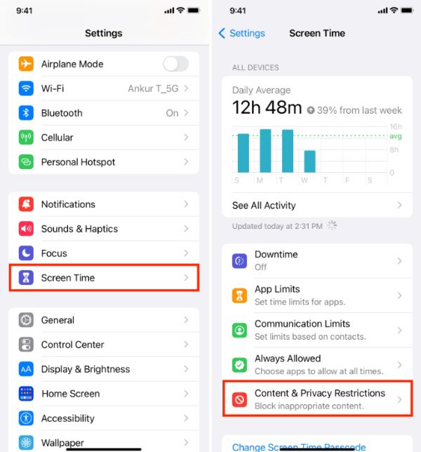 iPhone screen time settings