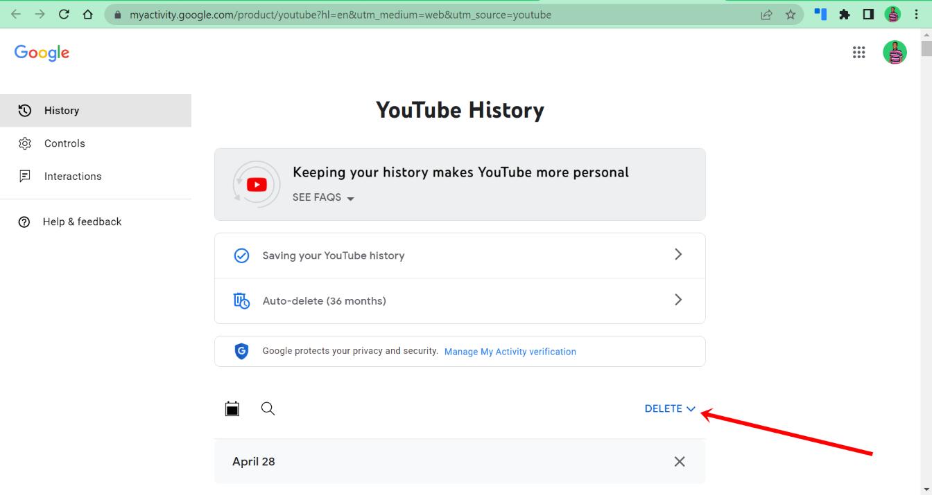 YouTube history settings