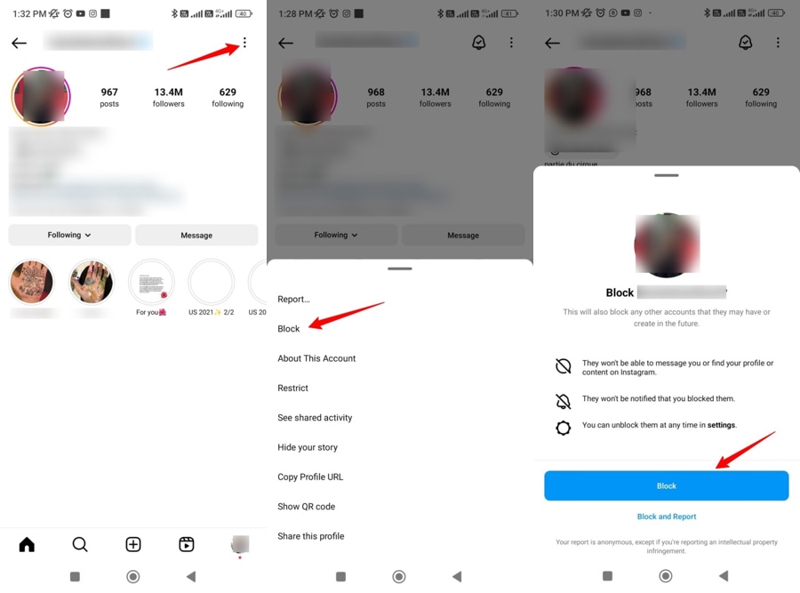 bloquear alguém no aplicativo Instagram