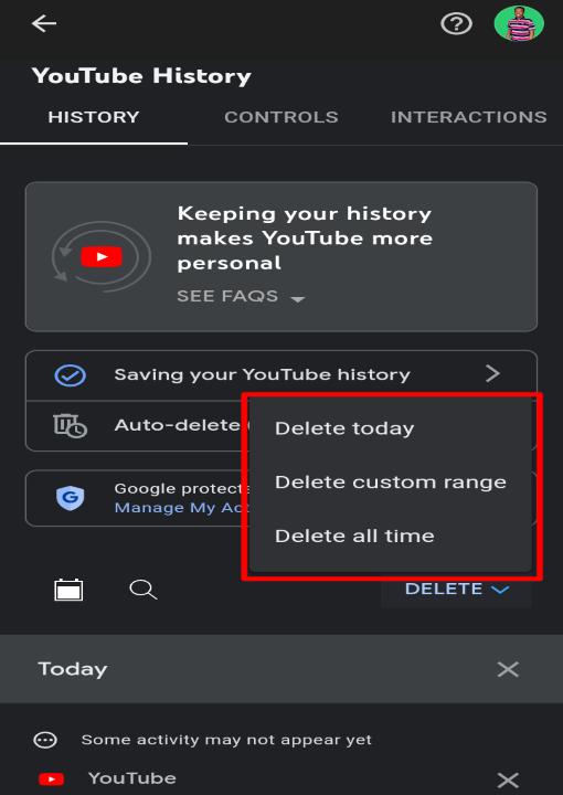 delete YouTube history on app