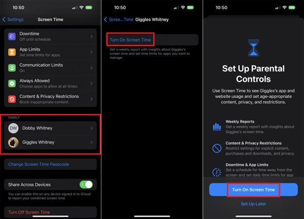 turn on Screen Time remotely via Family Sharing