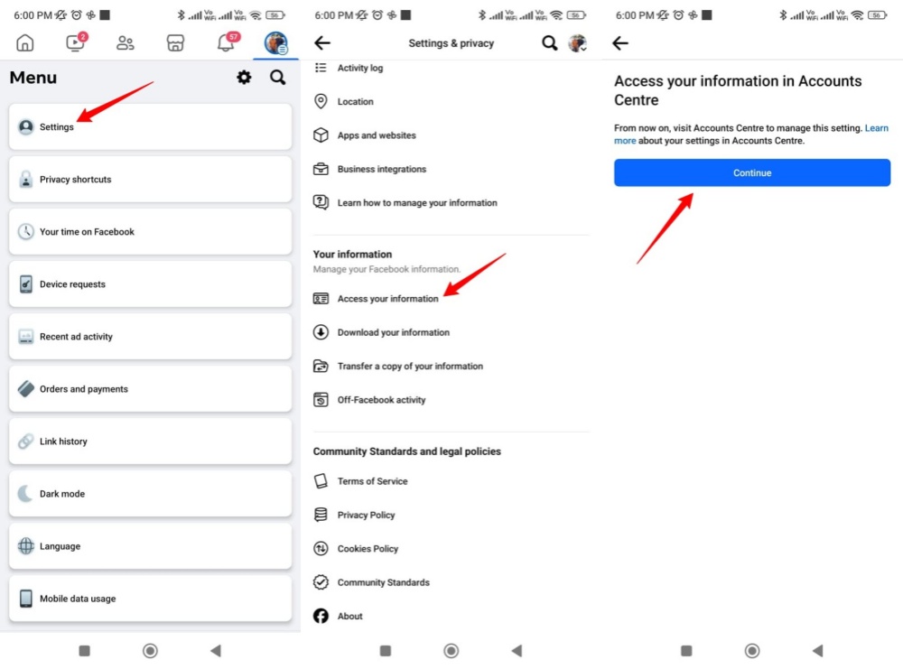 Meny- Inställningar &amp;Sekretess-Få tillgång till din information i Accounts Center