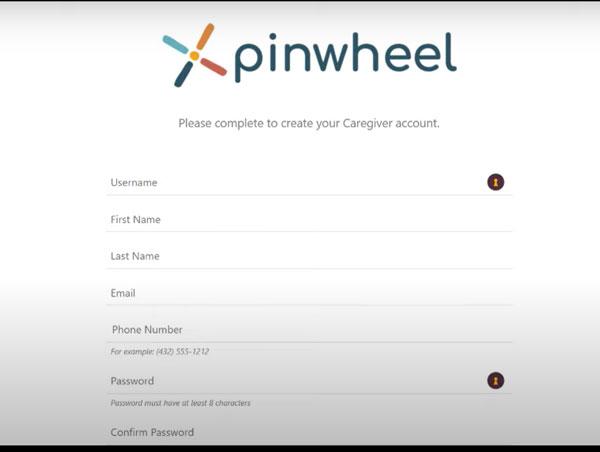 Zaregistrujte se na portálu pro pečovatele na telefonu Pinwheel