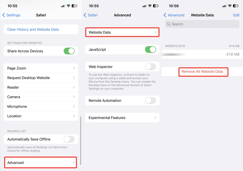 comprobar los datos del sitio web de Safari