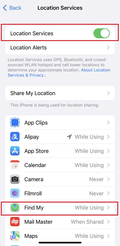 iPhone location service for Find My