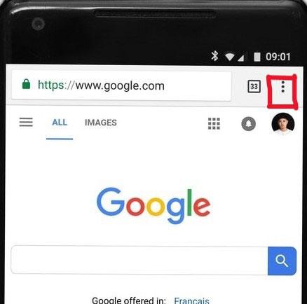 Tocando el ícono de 3 puntos en Chrome Android