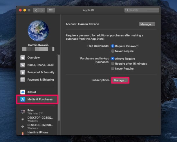 How to manage apple subscriptions-Select Media and Purchases option & Manage option