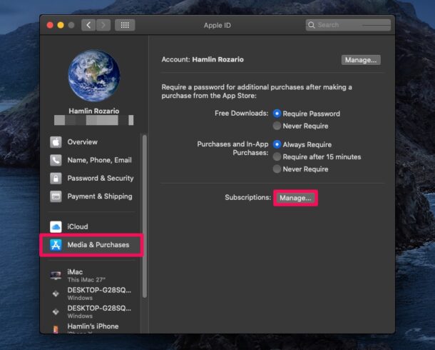Apple abonelikleri nasıl yönetilir-Medya ve Satın Almalar seçeneğini ve Yönet seçeneğini seçin