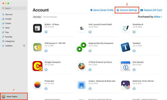 Gerenciar assinaturas da Apple – Vá para a opção “ configurações da conta” no Mac através da App Store