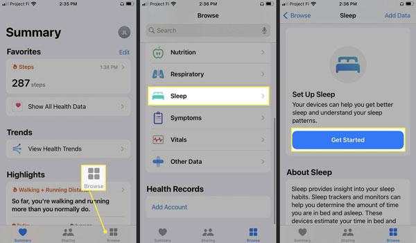 Choose the sleep option on the iPhone’s health app