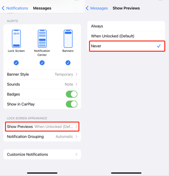 Desative a visualização de mensagens no iPhone