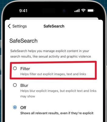 Selection of filter option to block adult content