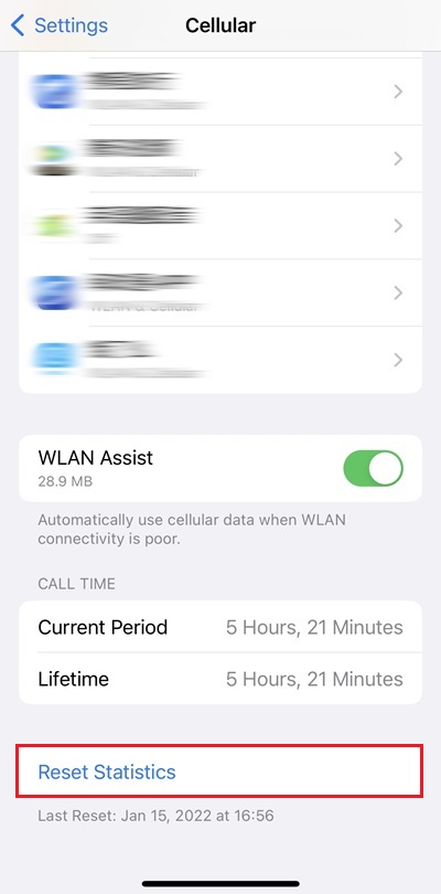Reset Statistics Cellular data on iPhone