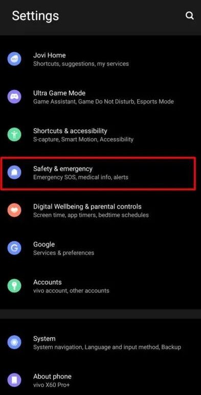 Safety & Emergency on phones operating on Android 12
