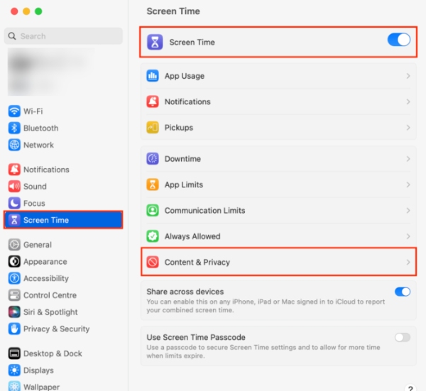 Screen Time su Mac: siti Web con restrizioni