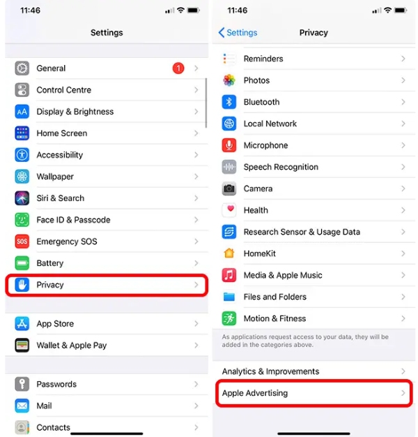 Settings-Privacy on iOS