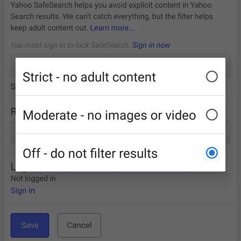 Turning off SafeSearch from the drop-down list on Yahoo