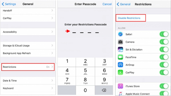 Turn off restrictions on iPhone-General settings