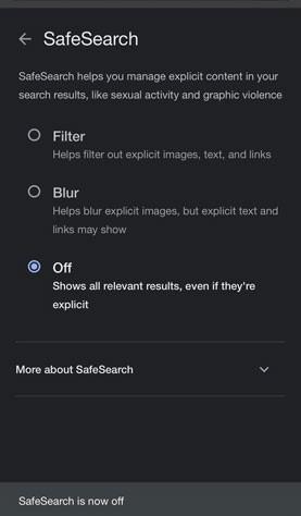 Turning off SafeSearch on Android