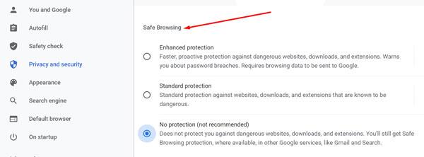 Mematikan penjelajahan aman di Chrome di Android