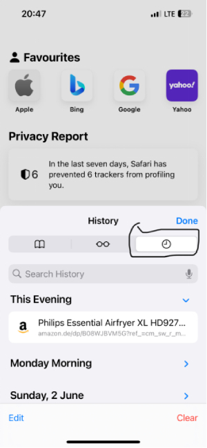 Using Safari browser to delete search history 2