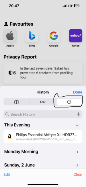 Utilizzo del browser Safari per eliminare la cronologia delle ricerche 2