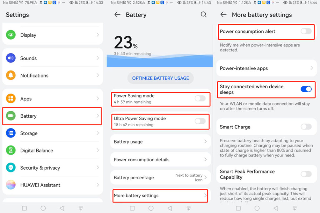 paramètres Batterie EMUI 8.x-9.x