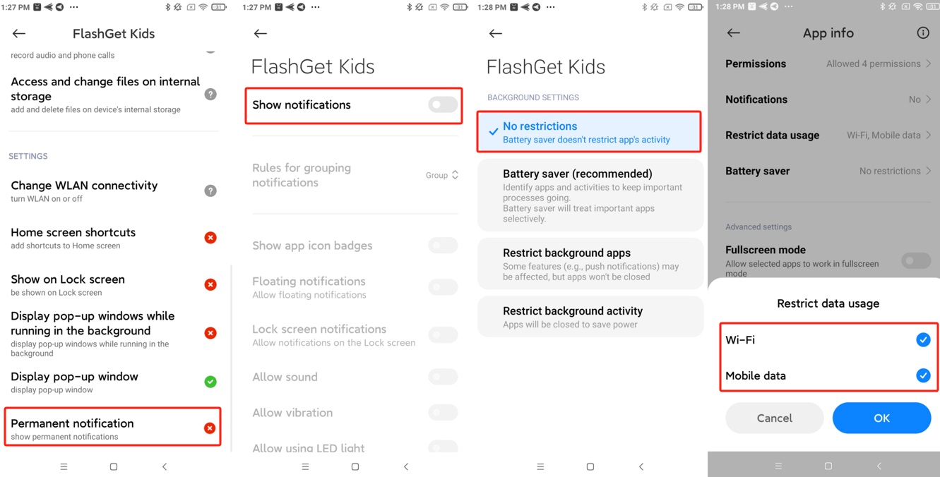 notificações de permissão Xiaomi MIUI e restrição de uso de dados