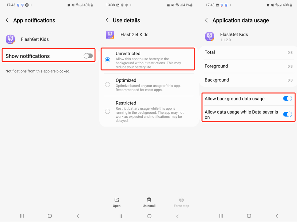 Samsung Notifcation battery data usage